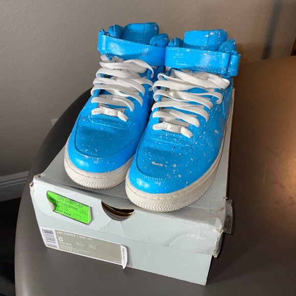 Nike Air Force 1 MID ‘07 Men’s Sz 8 Custom Blue Paint W/White Splatters 315123 - Picture 1 of 10